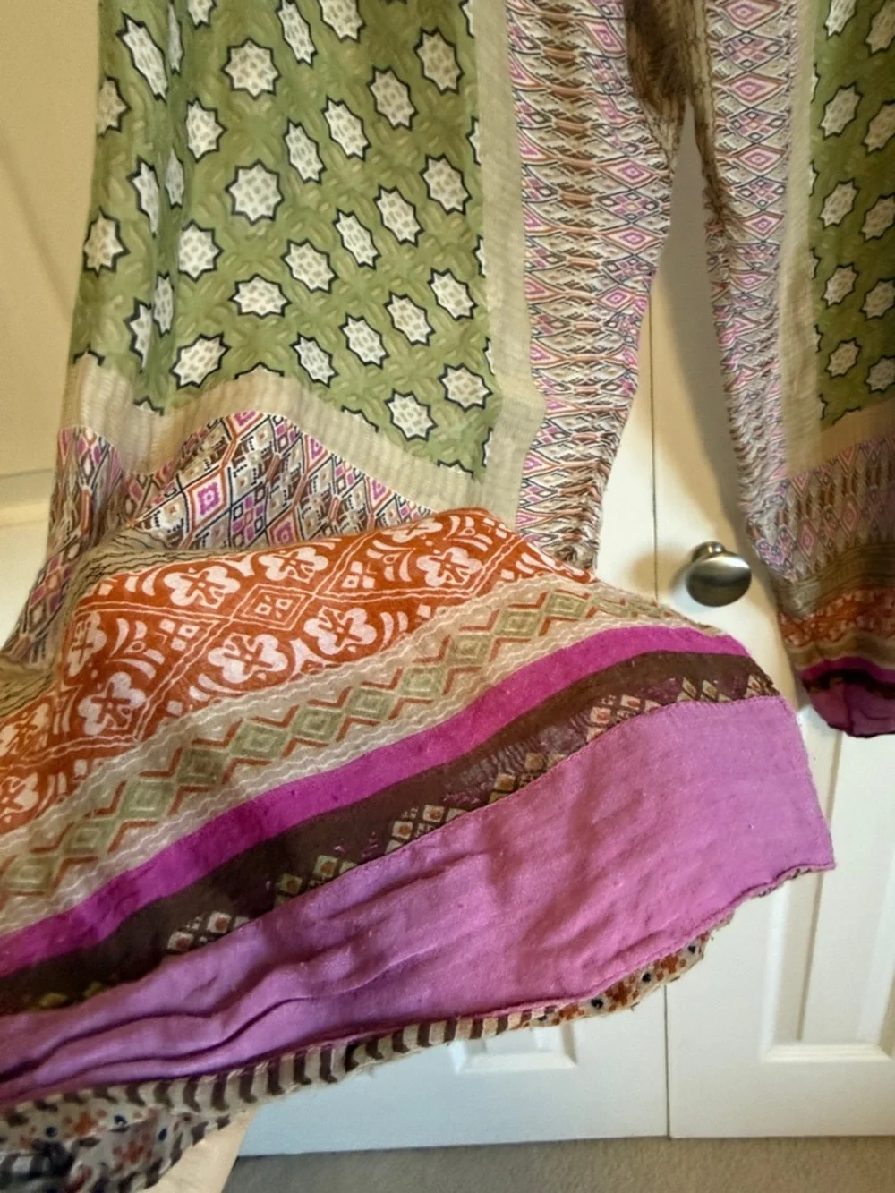 One Hundred Stars Boho Olive & Multi Print Wide-Leg 100% silk Pants. L - Picture 3 of 7